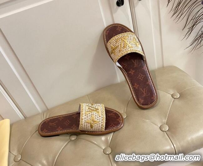 Good Quality Louis Vuitton Lock It Raffia and Monogram Canvas Slide Sandals 070809 Brown/Gold 2021