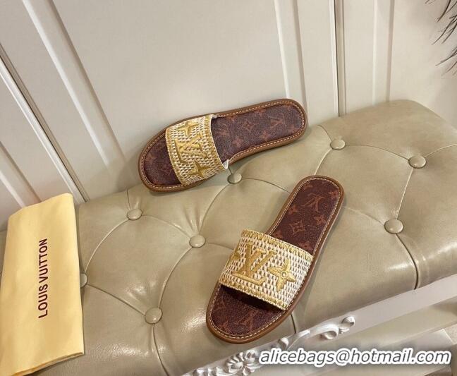 Good Quality Louis Vuitton Lock It Raffia and Monogram Canvas Slide Sandals 070809 Brown/Gold 2021