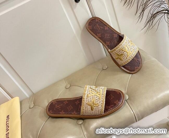 Good Quality Louis Vuitton Lock It Raffia and Monogram Canvas Slide Sandals 070809 Brown/Gold 2021