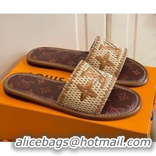 New Style Louis Vuitton Lock It Raffia and Monogram Canvas Slide Sandals 070810 Brown