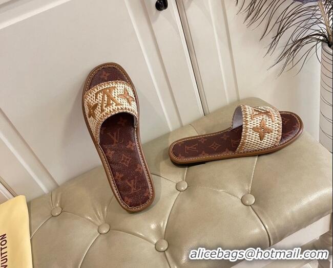 New Style Louis Vuitton Lock It Raffia and Monogram Canvas Slide Sandals 070810 Brown