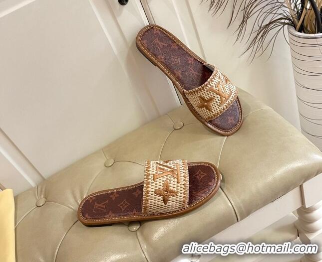 New Style Louis Vuitton Lock It Raffia and Monogram Canvas Slide Sandals 070810 Brown