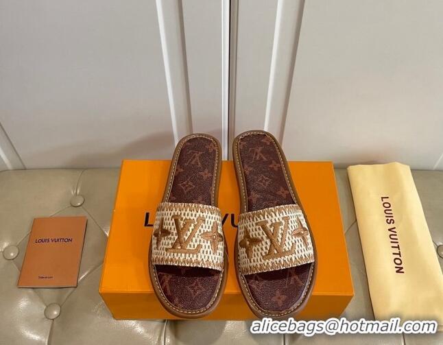 New Style Louis Vuitton Lock It Raffia and Monogram Canvas Slide Sandals 070810 Brown