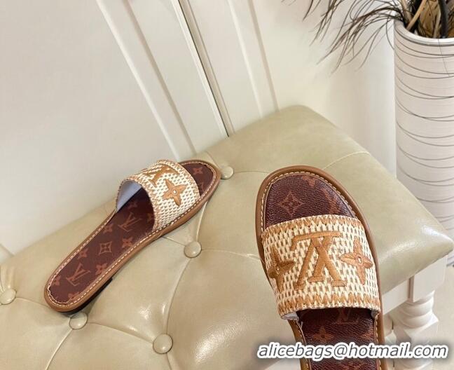 New Style Louis Vuitton Lock It Raffia and Monogram Canvas Slide Sandals 070810 Brown