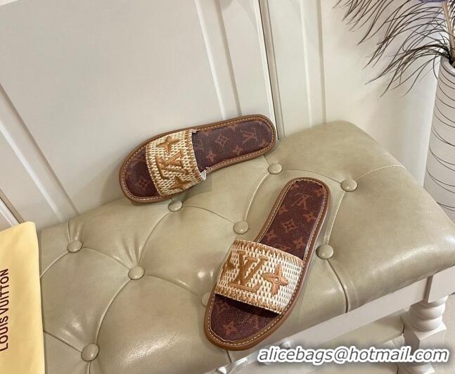 New Style Louis Vuitton Lock It Raffia and Monogram Canvas Slide Sandals 070810 Brown