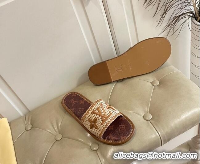 New Style Louis Vuitton Lock It Raffia and Monogram Canvas Slide Sandals 070810 Brown