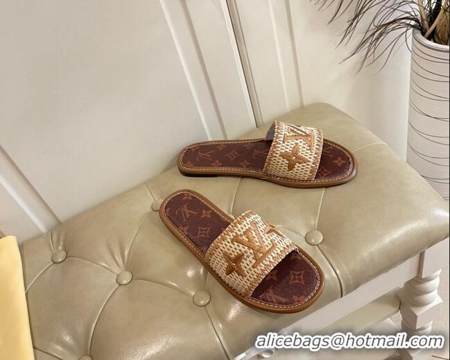 New Style Louis Vuitton Lock It Raffia and Monogram Canvas Slide Sandals 070810 Brown