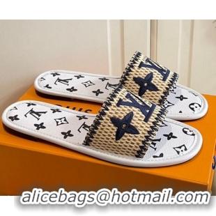 Low Cost Louis Vuitton Lock It Raffia and Monogram Canvas Slide Sandals 070811 White 2021