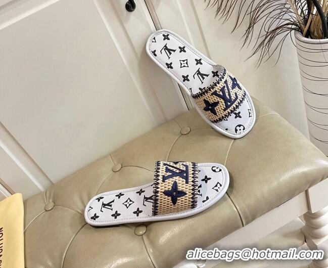 Low Cost Louis Vuitton Lock It Raffia and Monogram Canvas Slide Sandals 070811 White 2021