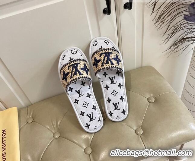 Low Cost Louis Vuitton Lock It Raffia and Monogram Canvas Slide Sandals 070811 White 2021