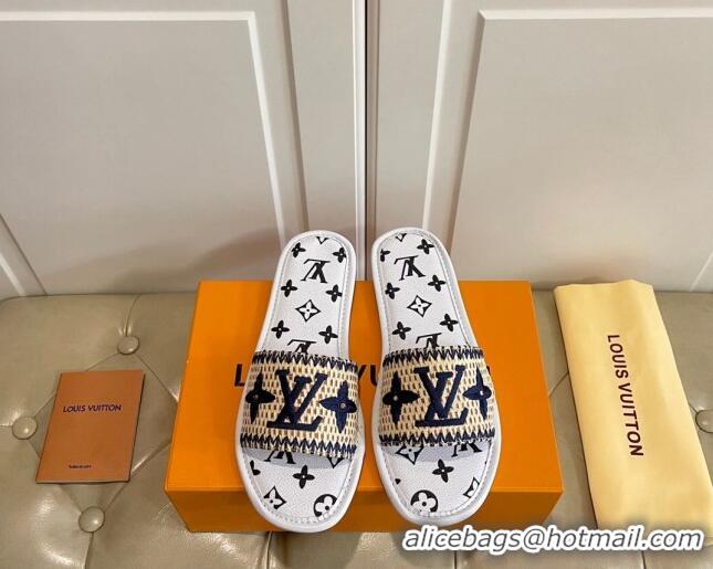 Low Cost Louis Vuitton Lock It Raffia and Monogram Canvas Slide Sandals 070811 White 2021