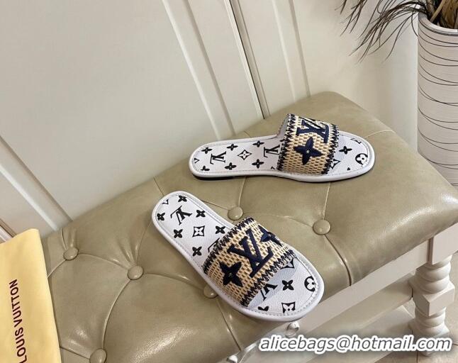 Low Cost Louis Vuitton Lock It Raffia and Monogram Canvas Slide Sandals 070811 White 2021