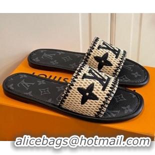 Good Product Louis Vuitton Lock It Raffia and Monogram Canvas Slide Sandals 070811 Black