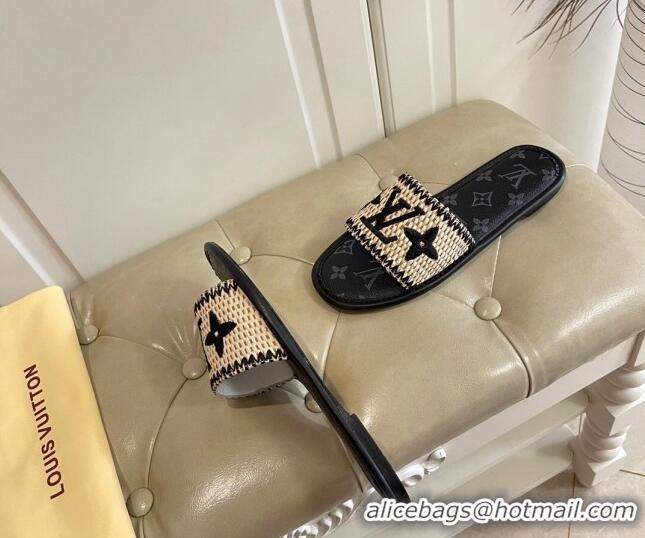 Good Product Louis Vuitton Lock It Raffia and Monogram Canvas Slide Sandals 070811 Black