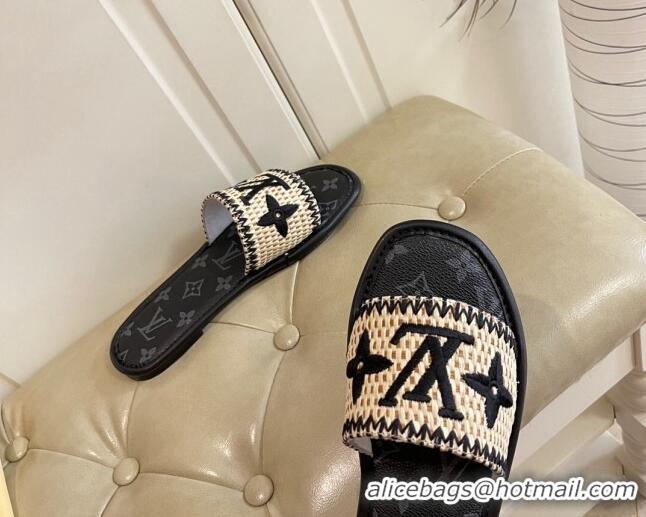 Good Product Louis Vuitton Lock It Raffia and Monogram Canvas Slide Sandals 070811 Black