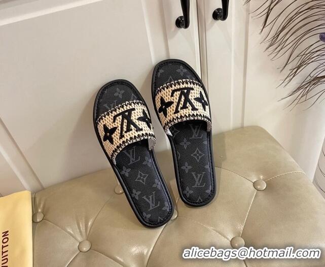 Good Product Louis Vuitton Lock It Raffia and Monogram Canvas Slide Sandals 070811 Black