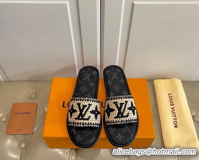 Good Product Louis Vuitton Lock It Raffia and Monogram Canvas Slide Sandals 070811 Black