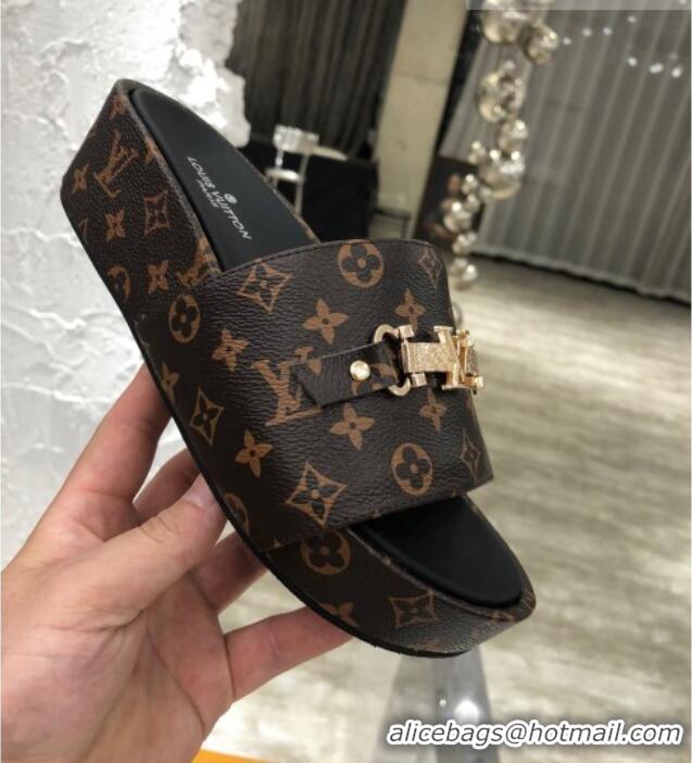 Unique Grade Louis Vuitton Jumbo LV Buckle Flatform Slide Sandals Monogram Canvas 070868