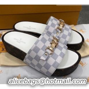 Top Quality Louis Vuitton Jumbo LV Buckle Flatform Slide Sandals Damier Azur Canvas 070869