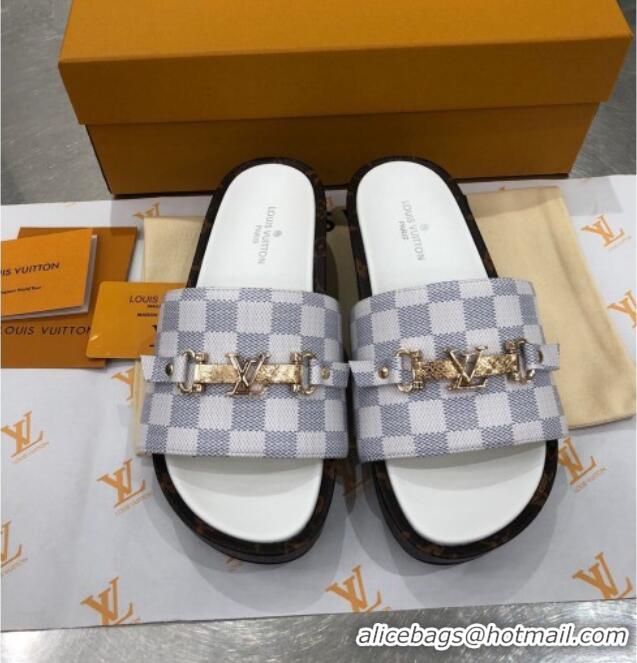 Top Quality Louis Vuitton Jumbo LV Buckle Flatform Slide Sandals Damier Azur Canvas 070869