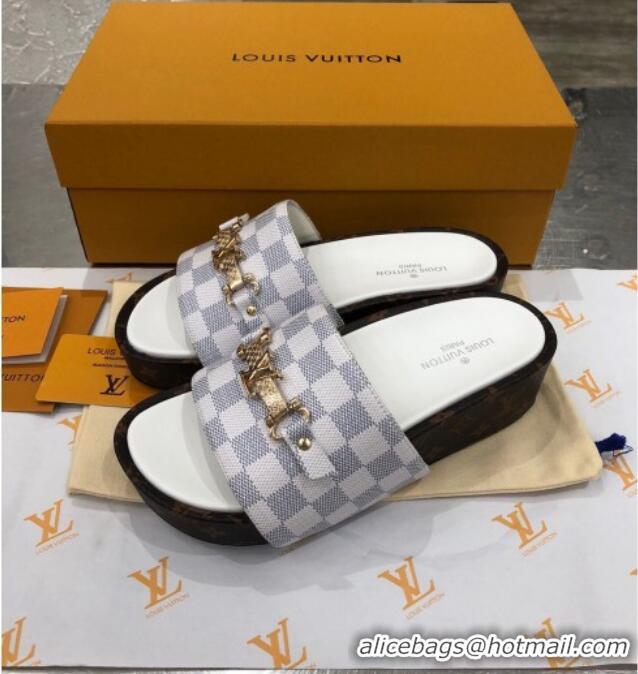 Top Quality Louis Vuitton Jumbo LV Buckle Flatform Slide Sandals Damier Azur Canvas 070869