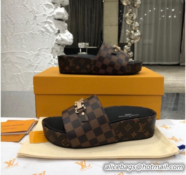 Best Price Louis Vuitton Jumbo LV Buckle Flatform Slide Sandals Damier Ebene Canvas 070870