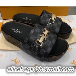 Top Quality Louis Vuitton Jumbo LV Buckle Flatform Slide Sandals Damier Graphite Canvas 070871