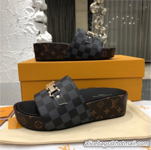 Top Quality Louis Vuitton Jumbo LV Buckle Flatform Slide Sandals Damier Graphite Canvas 070871