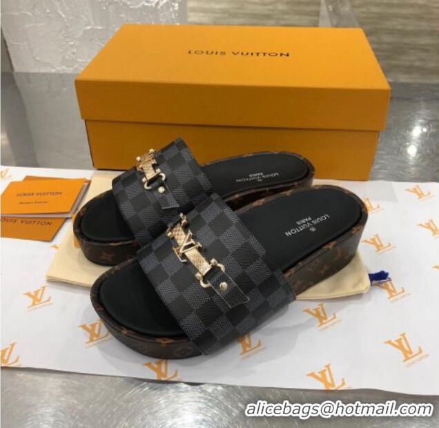 Top Quality Louis Vuitton Jumbo LV Buckle Flatform Slide Sandals Damier Graphite Canvas 070871