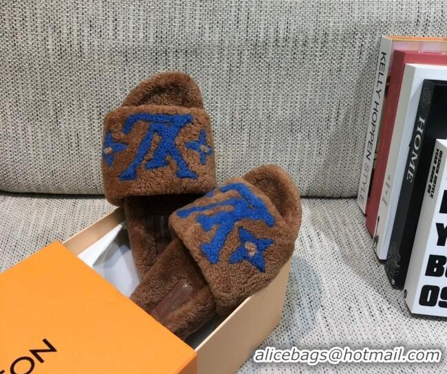 Good Looking Louis Vuitton LV Wool Flat Slide Sandals 080964 Brown