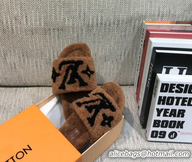 Sophisticated Louis Vuitton LV Wool Flat Slide Sandals 080964 Brown