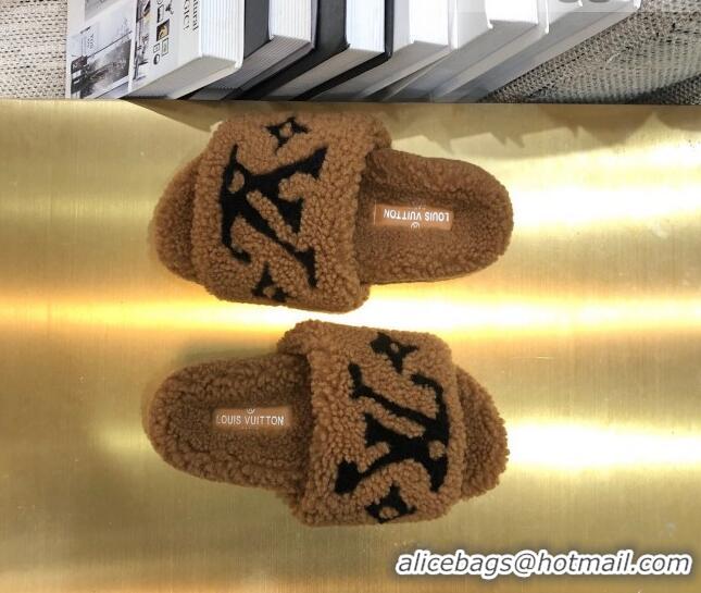 Sophisticated Louis Vuitton LV Wool Flat Slide Sandals 080964 Brown