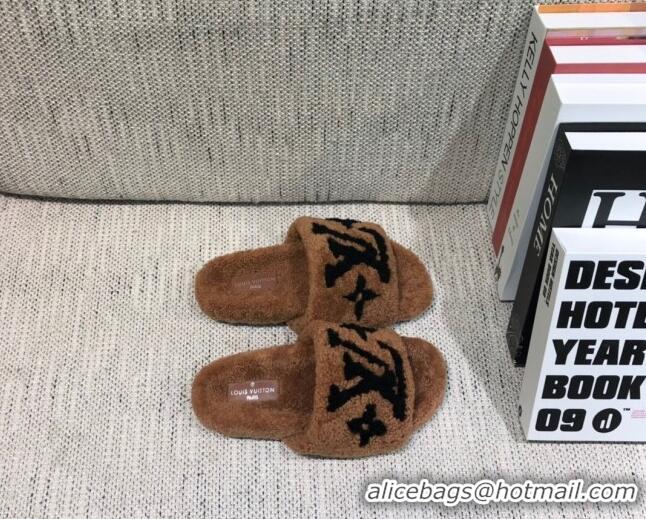 Sophisticated Louis Vuitton LV Wool Flat Slide Sandals 080964 Brown