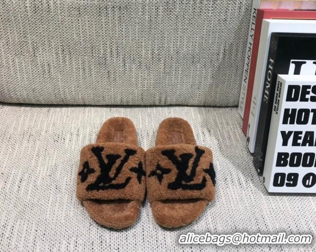 Sophisticated Louis Vuitton LV Wool Flat Slide Sandals 080964 Brown