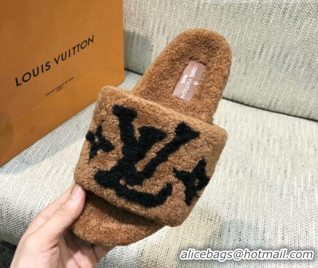 Sophisticated Louis Vuitton LV Wool Flat Slide Sandals 080964 Brown