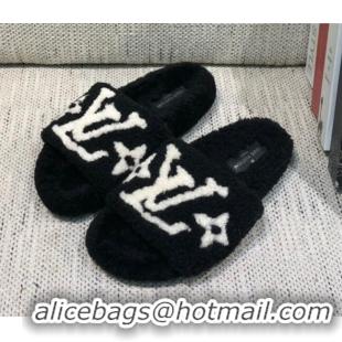 Low Price Louis Vuitton LV Wool Flat Slide Sandals Black 080974