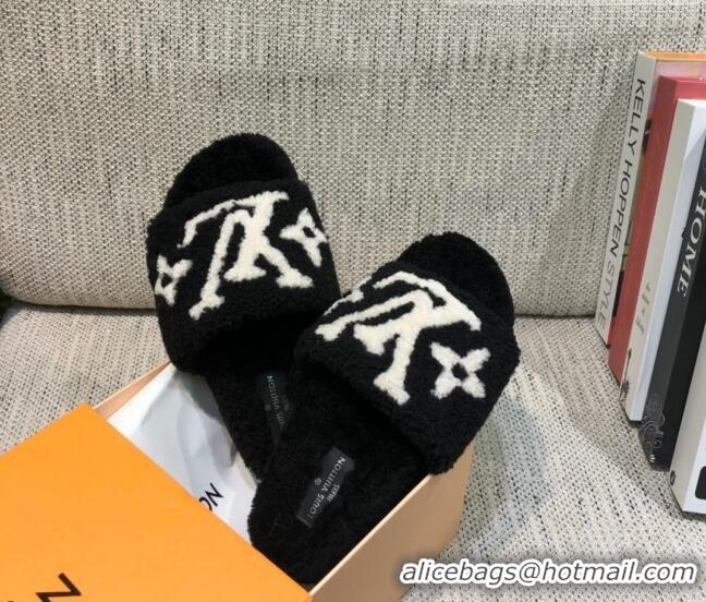 Low Price Louis Vuitton LV Wool Flat Slide Sandals Black 080974