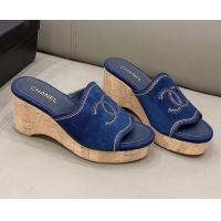 Top Quality Chanel CC Suede Wedge Slide Sandals 8.5cm 071365 Blue 2021