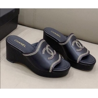 Popular Chanel CC Calfskin Wedge Slide Sandals 8.5cm 071368 Black 2021