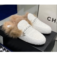 Best Quality Chanel Tweed Wool Flat Mules 080911 White/Silver 2021