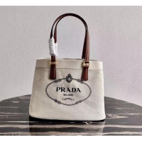 Top Grade Prada Small Linen blend and Leather Tote Bag 1BG356 White 2020