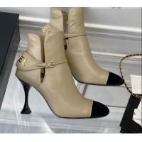 Newest Chanel Lambskin Short Boots 9cm with Logo Back Beige 080922