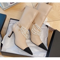 Perfect Popular Style Chanel Calfskin Mid-High Boots 7.5cm with Pearl Charm Apricot 080925