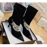 Discount Chanel Suede Mid-High Boots 7.5cm with Pearl Charm Black 080927