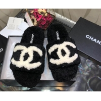 Top Quality Chanel CC Wool Flat Slide Sandals 080959 Black 2021