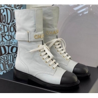 Best Quality Chanel Calfskin Buckle Short Boot 081341 White