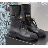 Classic Hot Chanel Calfskin Buckle Short Boot 081341 Black