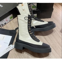 Top Quality Chanel Shiny Leather and Grosgrain Laced Short Boots 081401 White/Black 2021