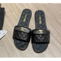 Unique Grade Chanel Leather Foldover Flat Slide Sandals 081408 Black 2021