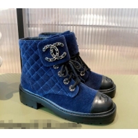 Low Price Chanel Velvet Lace-ups Ankle Boots G36424 Blue 2021